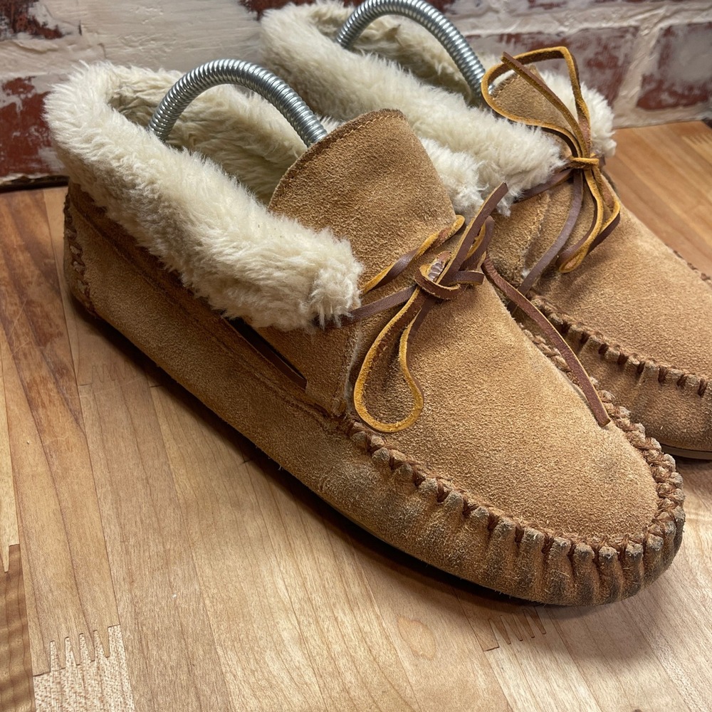 Minnetonka Chrissy Tan Suede Faux Fur Lined Moccasin Slippers Womens 10 40031